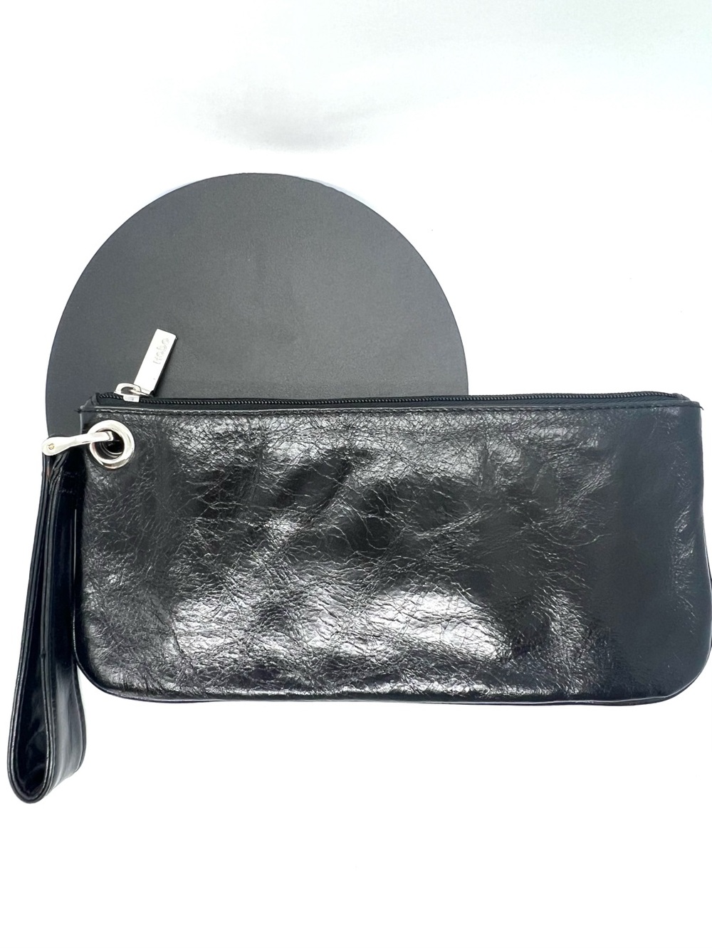HOBO International Black Leather Wristlet Clutch Silver Hardware Y2K